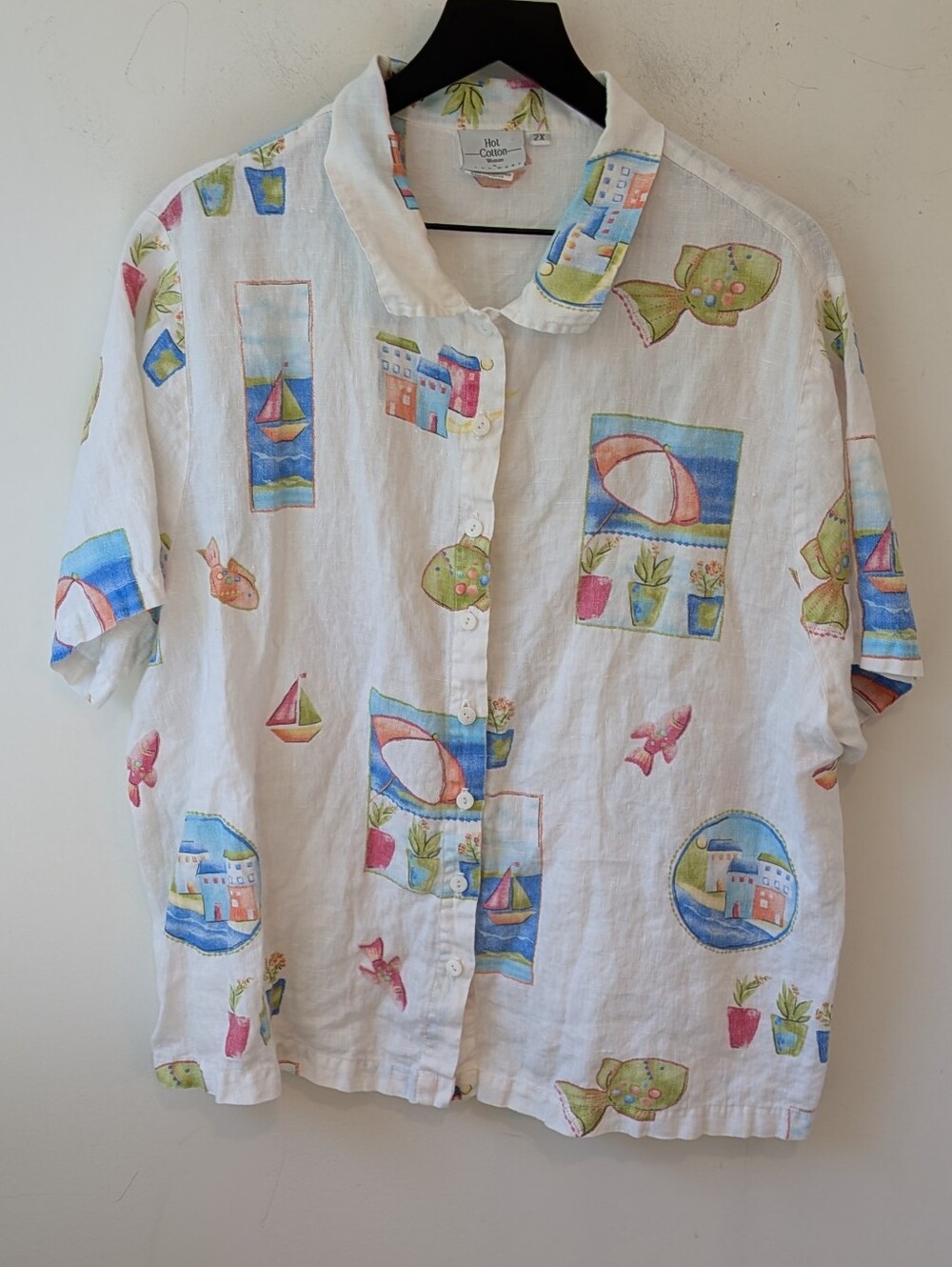 VTG Hot Cotton Marc Ware Linen Coastal Artsy Beach Resort Short Sleeve Shirt